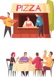 Free Vector | Pizza design concept with pizza delivery pizza store and  family at the dinner table descriptions vector illustration