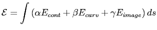 $\displaystyle \mathcal{E} = \int \left (\alpha E_{cont} + \beta E_{curv} + \gamma E_{image} \right) ds$